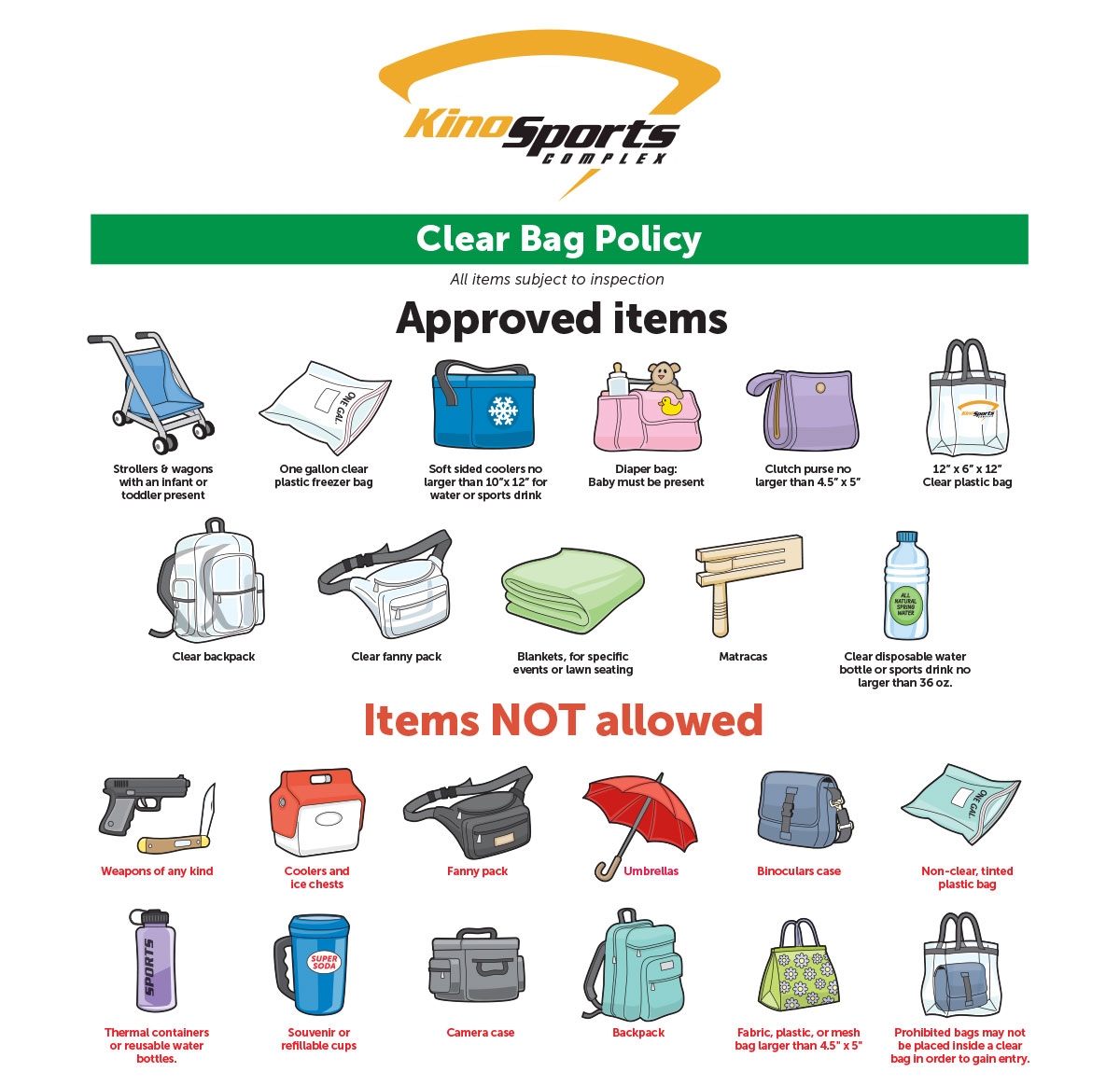 List of items that are approved and not approved at the Kino Sports Complex venue.